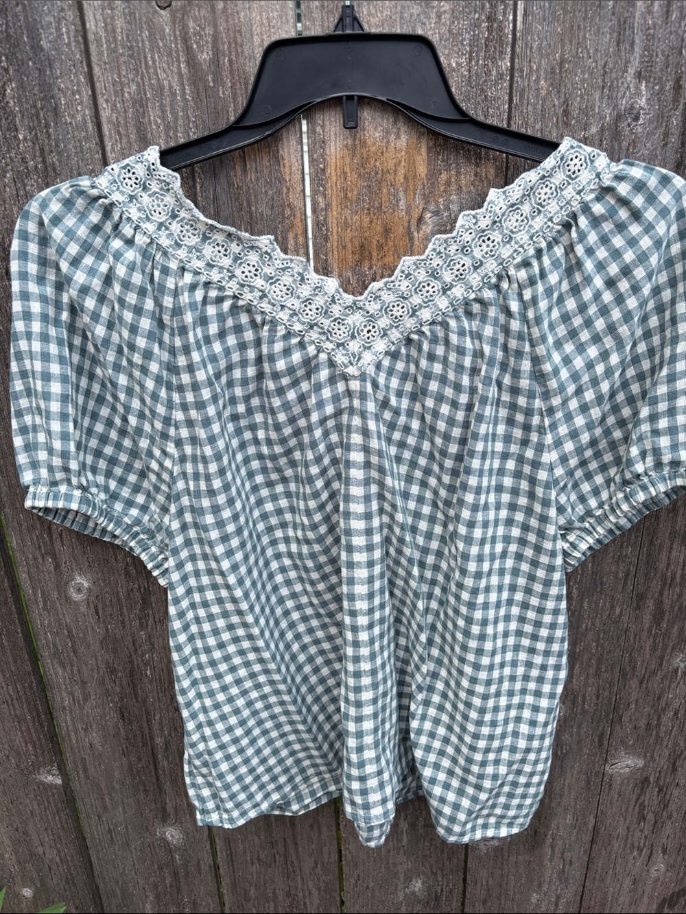 Madewell Green & White Gingham Lace-Trim Puff Sleeve Blouse - Picture 5 of 6
